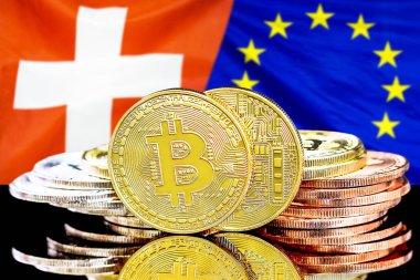 İsviçre ve Avrupa Birliği bayrak arka plan üzerinde bitcoins