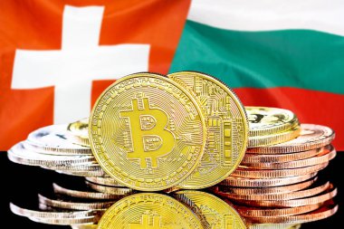İsviçre ve Bulgaristan bayrak arka plan üzerinde bitcoins