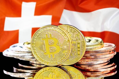 İsviçre ve Avusturya bayrak arka plan üzerinde bitcoins