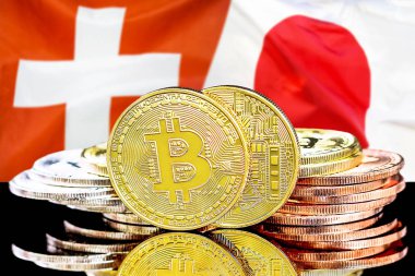 İsviçre ve Japonya bayrak arka plan üzerinde bitcoins