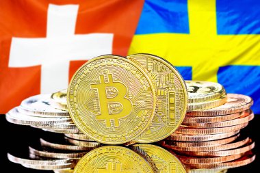 İsviçre ve İsveç bayrak arka plan üzerinde bitcoins