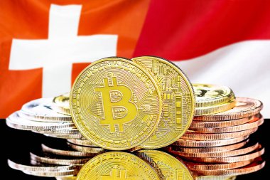 İsviçre ve Monako bayrak arka plan üzerinde bitcoins