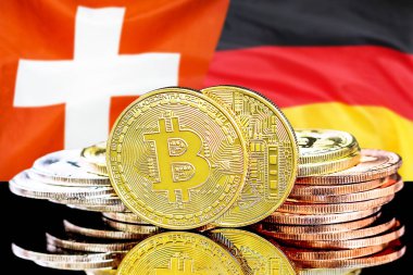 İsviçre ve Almanya bayrak arka plan üzerinde bitcoins