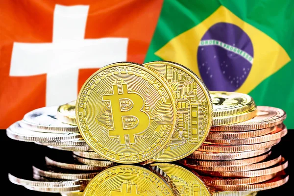 Bitcoins on Switzerland and Brazil flag background — Stock Photo, Image