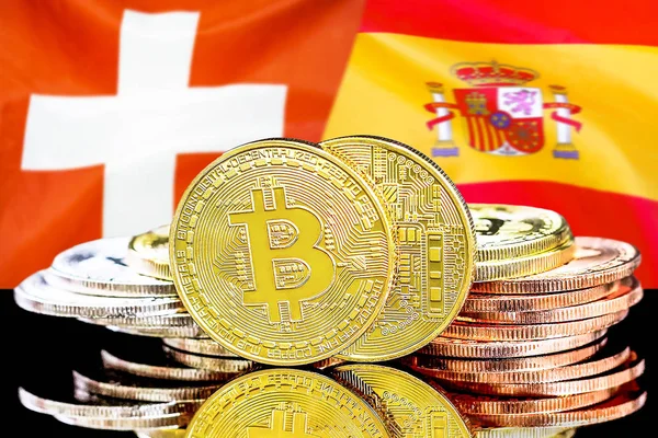 İsviçre ve İspanya bayrak arka plan üzerinde bitcoins
