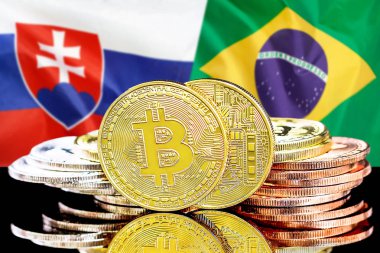 Slovakya ve Brezilya bayrağı arka plan üzerinde bitcoins