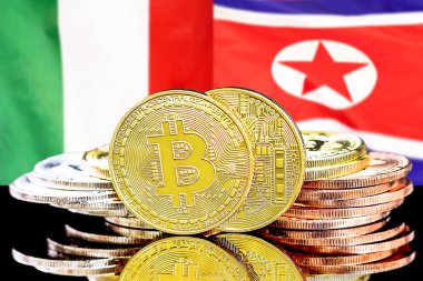 İtalya ve Kuzey Kore bayrağı arka plan üzerinde bitcoins