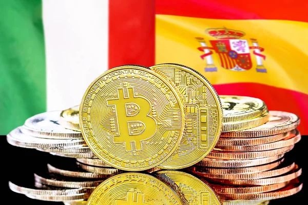 Bitcoins on Italy and Spain flag background — Stock Photo, Image