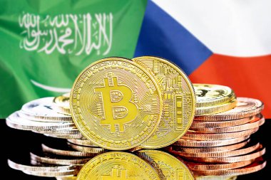 Suudi Arabistan ve Çek Cumhuriyeti bayrak arka plan üzerinde bitcoins