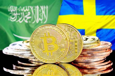Suudi Arabistan ve İsveç bayrağı arka plan üzerinde bitcoins