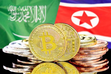 Suudi Arabistan ve Kuzey Kore bayrağı arka plan üzerinde bitcoins