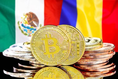 Meksika ve Moldova bayrak arka plan üzerinde bitcoins