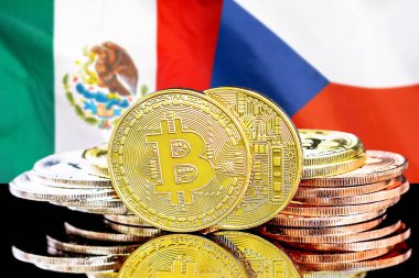 Meksika ve Çek Cumhuriyeti bayrak arka plan üzerinde bitcoins