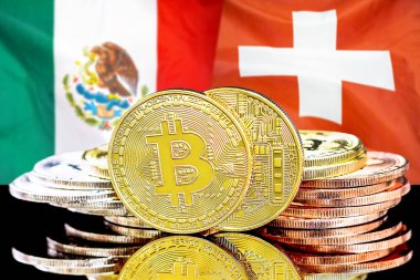 Meksika ve İsviçre bayrağı arka plan üzerinde bitcoins