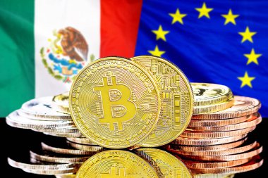 Meksika ve Avrupa Birliği bayrak arka plan üzerinde bitcoins