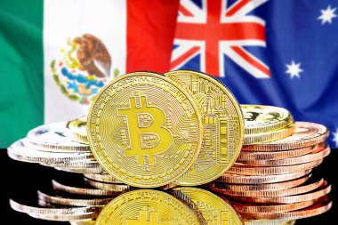 Meksika ve Avustralya bayrak arka plan üzerinde bitcoins