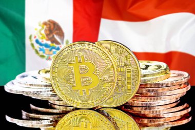 Meksika ve Avusturya bayrak arka plan üzerinde bitcoins