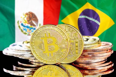 Meksika ve Brezilya bayrak arka plan üzerinde bitcoins