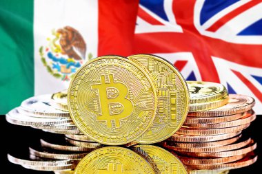 Meksika ve İngiltere bayrak arka plan üzerinde bitcoins