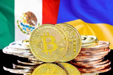 Meksika ve Ukrayna bayrak arka plan üzerinde bitcoins
