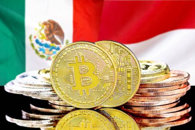 Meksika ve Monako bayrak arka plan üzerinde bitcoins