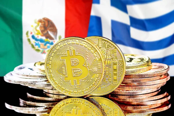 Meksika ve Yunanistan bayrak arka plan üzerinde bitcoins