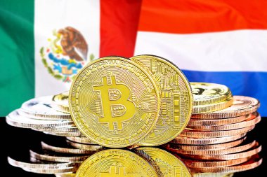 Meksika ve Hollanda bayrak arka plan üzerinde bitcoins