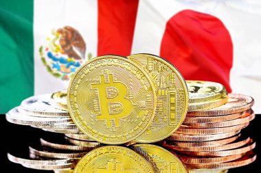 Meksika ve Japonya bayrak arka plan üzerinde bitcoins