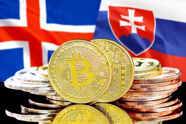 İzlanda ve Slovakya bayrak arka plan üzerinde bitcoins
