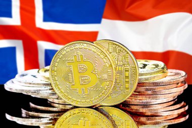 İzlanda ve Avusturya bayrak arka plan üzerinde bitcoins