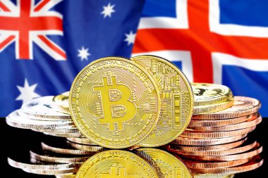 İzlanda ve Avustralya bayrak arka plan üzerinde bitcoins