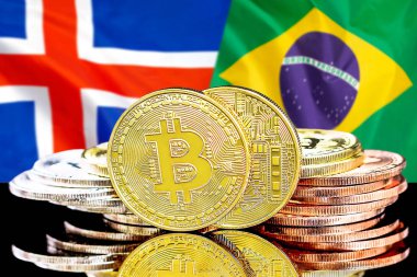 İzlanda ve Brezilya bayrağı arka plan üzerinde bitcoins