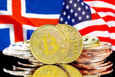 İzlanda ve Abd bayrağı arka plan üzerinde bitcoins
