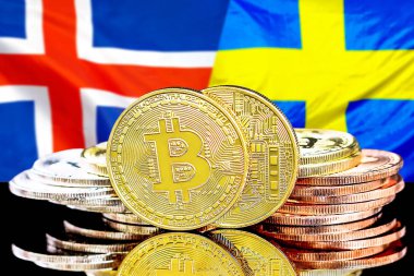 İzlanda ve İsveç bayrak arka plan üzerinde bitcoins