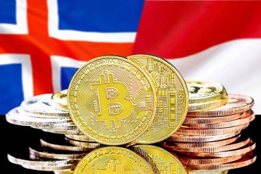 İzlanda ve Monako bayrak arka plan üzerinde bitcoins