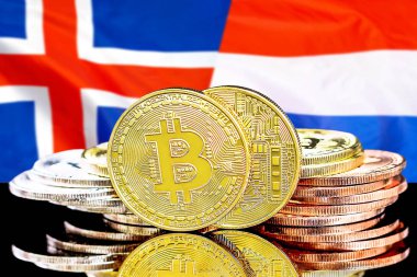 İzlanda ve Hollanda bayrak arka plan üzerinde bitcoins