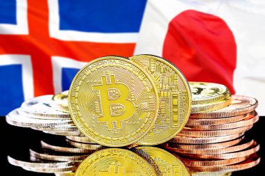 İzlanda ve Japonya bayrak arka plan üzerinde bitcoins