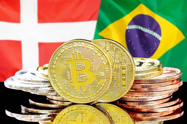 Bitcoins on Denmark and Brazil flag background — Stock Photo, Image
