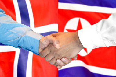 Norveç ve Kuzey Kore bayrağı arka plan üzerinde el sıkışma.