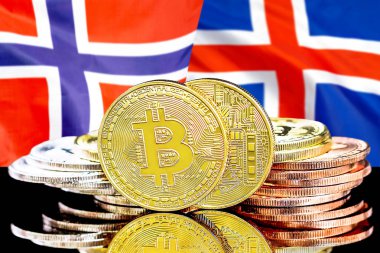 Norveç ve Izlanda bayrağı arka planda Bitcoins