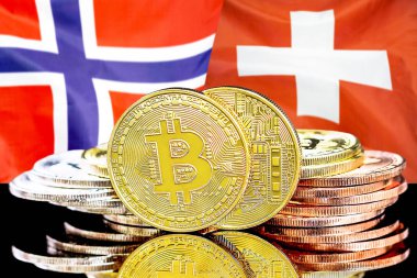 Norveç ve Isviçre bayrağı arka planda Bitcoins