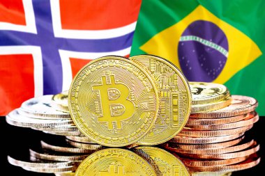 Norveç ve Brezilya bayrağı arka planda Bitcoins