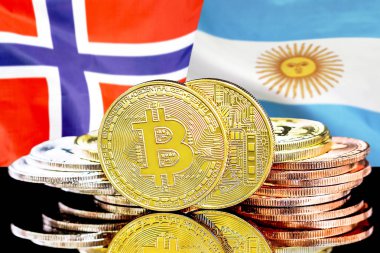Norveç ve Arjantin bayrağı arka planda Bitcoins