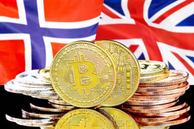 Norveç ve Ingiltere bayrağı arka planda Bitcoins