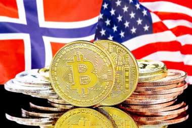 Norveç ve ABD bayrağı arka planda Bitcoins