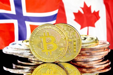 Norveç ve Kanada bayrağı arka planda Bitcoins