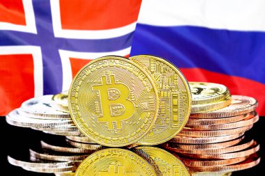 Norveç ve Rusya bayrağı arka planda Bitcoins