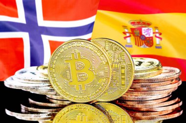 Norveç ve Ispanya bayrağı arka planda Bitcoins