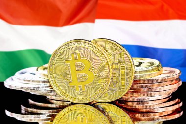 Macaristan ve Hollanda bayrak arka plan üzerinde bitcoins