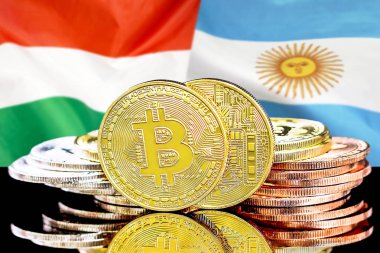 Macaristan ve Arjantin bayrak arka plan üzerinde bitcoins